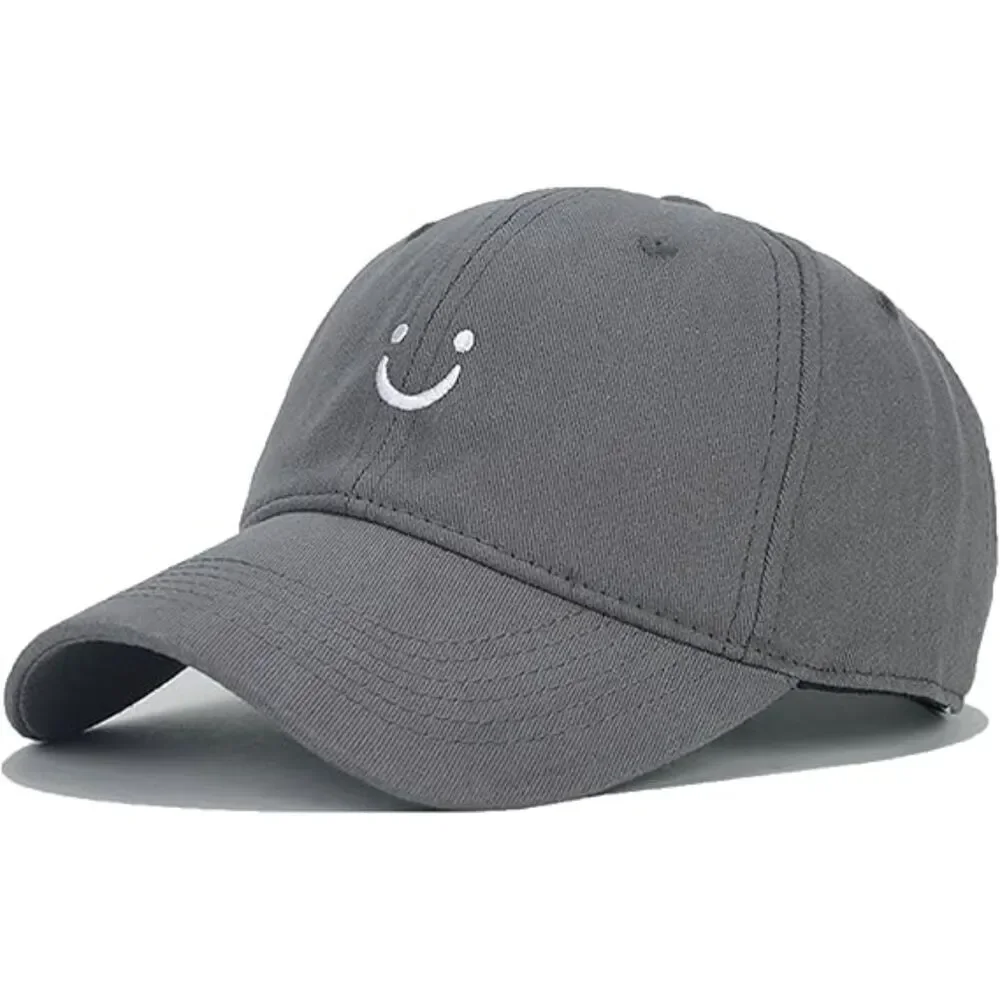 Unisex Grey 100% Cotton Smile Face Embroidered Adjustable Classic Baseball Cap